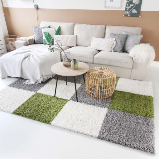 Tapis poils longs Shaggy Trend - carreaux vert