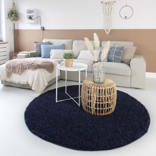 Tapis Rond poils longs Shaggy Trend - bleu marine - sfeer