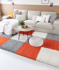 Tapis poils longs carreaux Shaggy Trend - orange