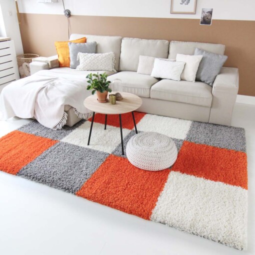 Tapis poils longs carreaux Shaggy Trend - orange