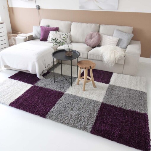 Tapis poils longs carreaux Shaggy Trend - violet