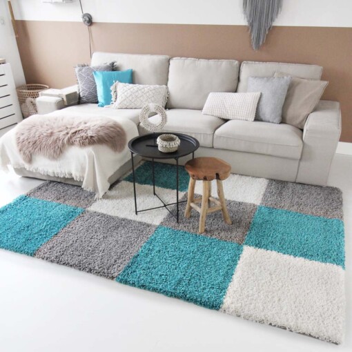 Tapis poils longs carreaux Shaggy Trend - turquoise - sfeer