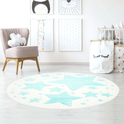 Tapis rond pour enfant étoiles 3D - Crème/bleu menthe - sfeer