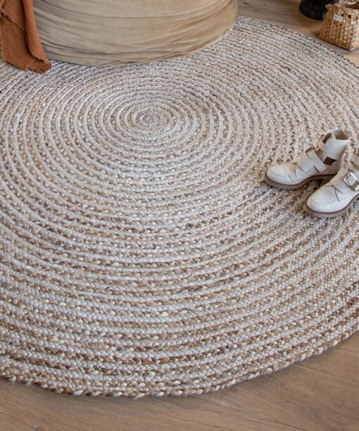 Tapis jute tressé Rond - blanc/naturel