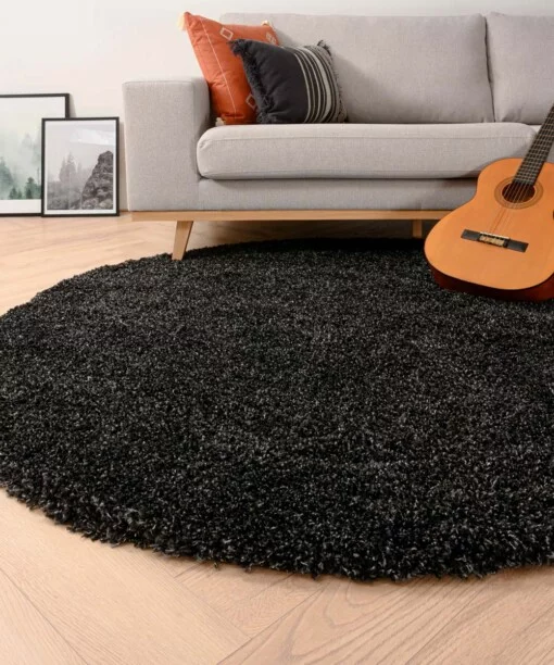 Tapis Rond poils longs Shaggy Grand - gris anthracite