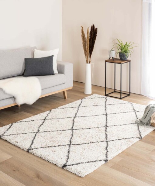 Tapis losange poils longs Artisan - blanc/gris - sfeer