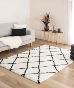 Tapis poils longs losange Artisan - blanc/noir - sfeer