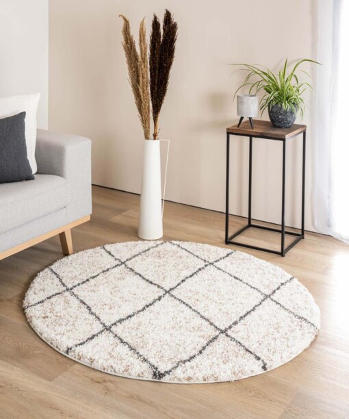 Tapis Rond losange poils longs Artisan - blanc/gris - sfeer