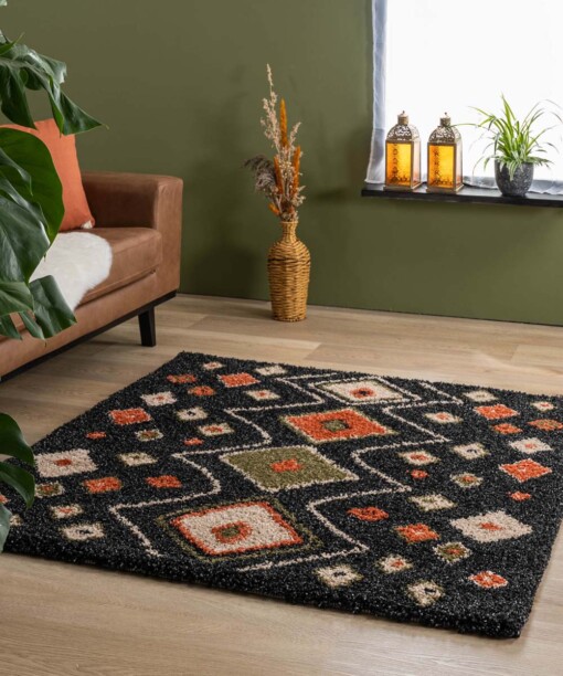 Tapis bohème Carré poils longs Artisan - Anthracite/Multicolore - sfeer