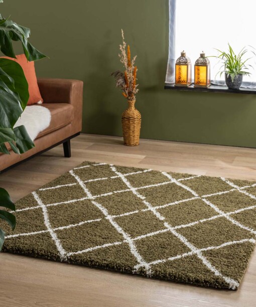 Tapis poils longs Carré losange Artisan - vert olive/blanc - sfeer