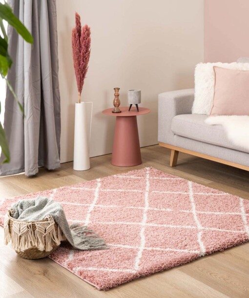 Tapis poils longs Carré losange Artisan - rose/blanc - sfeer