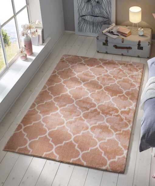 Tapis lavable - Trellis rose/blanc