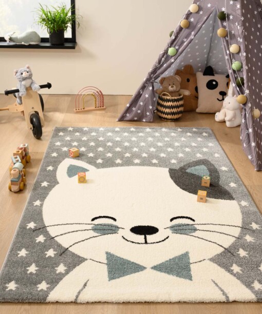 Tapis enfant chat - Adventures gris/bleu