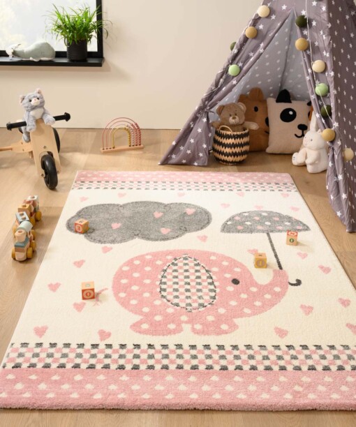 Tapis enfant Eléphant - Adventures Crème/rose