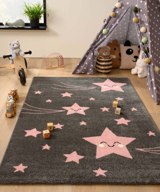 Tapis enfant étoiles - Adventures gris/rose