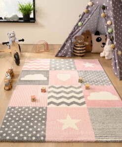 Tapis enfant carreaux - Adventures rose/gris