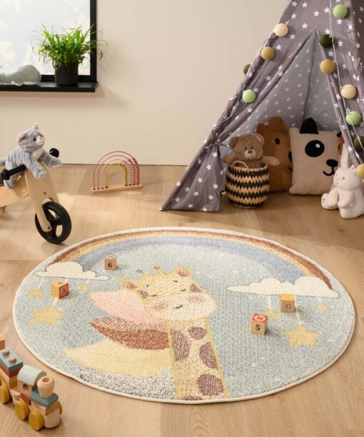 Tapis Rond enfant Girafe - Snoozy bleu/Multicolore