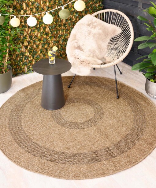 Tapis d'extérieur Rond aspect jute - Sunset Spirit beige/noir