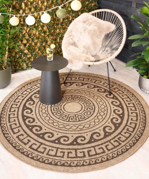 Tapis d'extérieur Rond aspect jute - Sunset Shores beige/noir