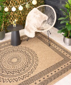 Tapis d'extérieur aspect jute - bohème Mandala beige/noir