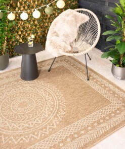 Tapis d'extérieur aspect jute - bohème Mandala beige/blanc