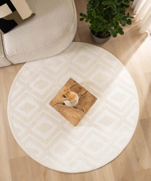 Tapis Rond scandinave - Contour Diamond Crème